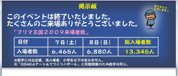掲示板：このイベントは終了いたしました。たくさんのご来場ありがとうございました。フリマ王国２００９来場者数７日(土)6,465人、８日(日)6,880人、総入場者数13,345人。※数字には出店者、再入場者、小学生以下は含みません。※「OSAKAアート＆てづくりバザール」と同館開催のため数字は同じ。