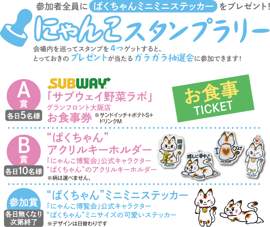 参加者全員にぱくちゃんミニミニステッカーをプレゼント! にゃんこスタンプラリー 会場内を巡ってスタンプを4つゲットすると、とっておきのプレゼントが当たるガラガラ抽選会に参加できます! A賞 各日5名様「サブウェイ野菜ラボ」グランフロント大阪店 お食事券※サンドイッチ+ポテトS+ドリンクM B賞 各日10名様 “ぱくちゃん”アクリルキーホルダー「にゃんこ博覧会」公式キャラクター“ぱくちゃん”のアクリルキーホルダー※柄は選べません。 参加賞各日無くなり次第終了ぱくちゃん”ミニミニステッカー「にゃんこ博覧会」公式キャラクター“ぱくちゃん”ミニサイズの可愛いステッカー ※デザインは日替わりです