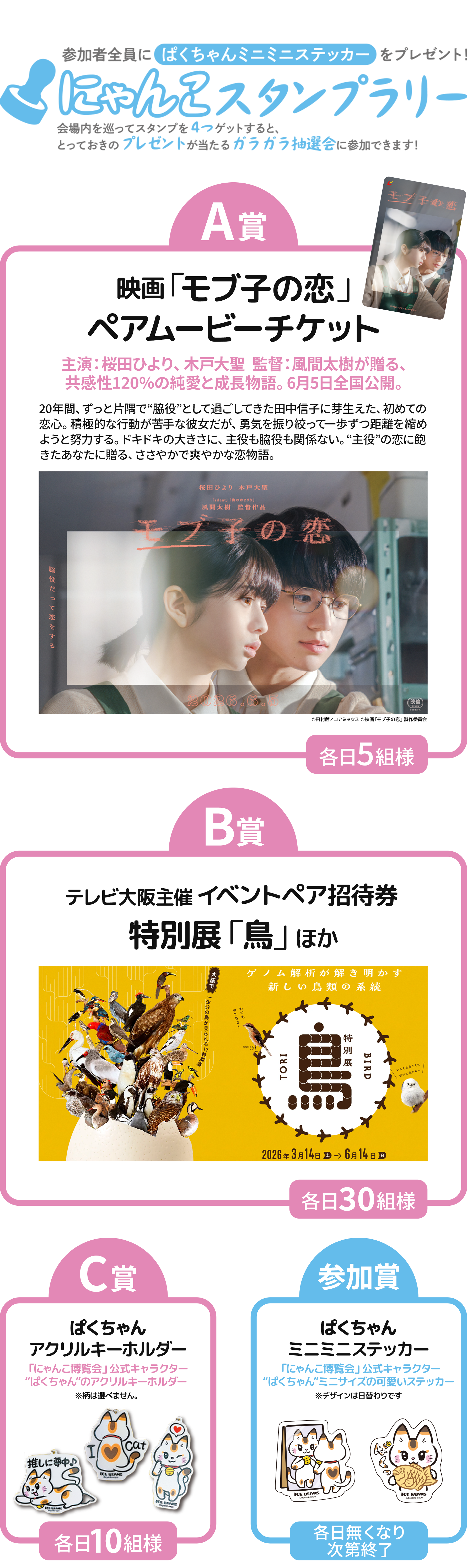 にゃんこスタンプラリー 参加者全員にぱくちゃんミニミニステッカーをプレゼント！会場内を巡ってスタンプを4つゲットすると、とっておきのプレゼントが当たるガラガラ抽選会に参加できます！ A賞 各日5組様 映画「モブ子の恋」ペアムービーチケット 主演：桜田ひより、木戸大聖監督：風間太樹が贈る、共感性120％の純愛と成長物語。6月5日全国公開。20年間、ずっと片隅で“脇役”として過ごしてきた田中信子に芽生えた、初めての恋心。積極的な行動が苦手な彼女だが、勇気を振り絞って一歩ずつ距離を縮めようと努力する。ドキドキの大きさに、主役も脇役も関係ない。“主役”の恋に飽きたあなたに贈る、ささやかで爽やかな恋物語。 B賞 各日30組様 特別展「鳥」ほか テレビ大阪 主催イベント ペア招待券 C賞 “ぱくちゃん”アクリルキーホルダー 「にゃんこ博覧会」公式キャラクター “ぱくちゃん”のアクリルキーホルダー ※柄は選べません。 参加賞 各日無くなり次第終了 “ぱくちゃん”ミニミニステッカー 「にゃんこ博覧会」公式キャラクター “ぱくちゃん”ミニサイズの可愛いステッカー ※デザインは日替わりです