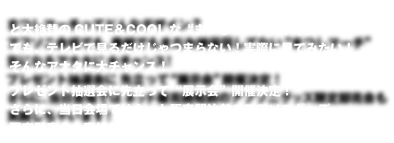 鶴瓶曰く「あんなデザインあいつにしかでけへん！」と大絶賛のCUTE＆COOLな“まつしマーチデザイン”でも、テレビで見るだけじゃつまらない！実際に見てみたい！そんなアナタに大チャンス！プレゼント抽選会に先立って“展示会”開催決定！さらに、当日会場ではネット販売開始前のアフソニグッズ限定即売会も実施しちゃいます！