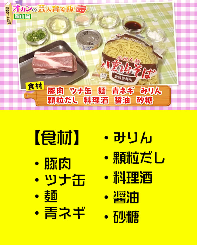 豚肉・ツナ缶・麺・青ネギ・みりん・顆粒だし・料理酒・醤油・砂糖