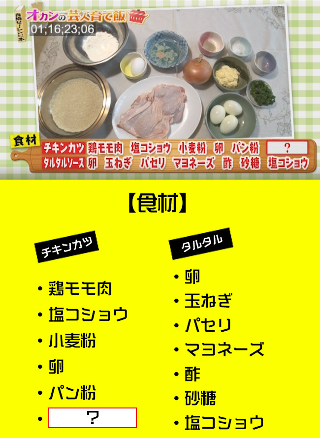 ・鶏モモ肉・塩コショウ・小麦粉・卵・パン粉・卵・玉ねぎ・パセリ・マヨネーズ・酢・砂糖・塩コショウ
