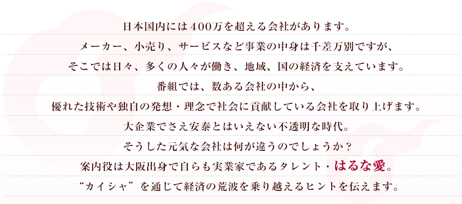 日本国内には400万を超える会社があります。メーカー、小売り、サービスなど事業の中身は千差万別ですが、そこでは日々、多くの人々が働き、地域、国の経済を支えています。
番組では、数ある会社の中から、優れた技術や独自の発想・理念で社会に貢献している会社を取り上げます。大企業でさえ安泰とはいえない不透明な時代。そうした元気な会社は何が違うのでしょうか？案内役は大阪出身で自らも実業家であるタレント・はるな愛。“カイシャ”を通じて経済の荒波を乗り越えるヒントを伝えます。
