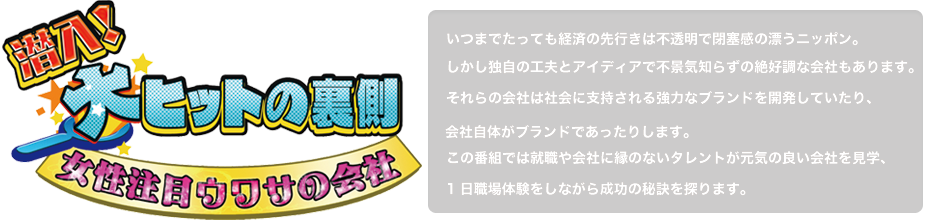 潜入！大ヒットの裏側　女性注目ウワサの会社いつまでたっても経済の先行きは不透明で閉塞感の漂うニッポン。しかし独自の工夫とアイディアで不景気知らずの絶好調な会社もあります。それらの会社は社会に支持される強力なブランドを開発していたり、会社自体がブランドであったりします。この番組では就職や会社に縁のないタレントが元気の良い会社を見学、1日職場体験をしながら成功の秘訣を探ります。