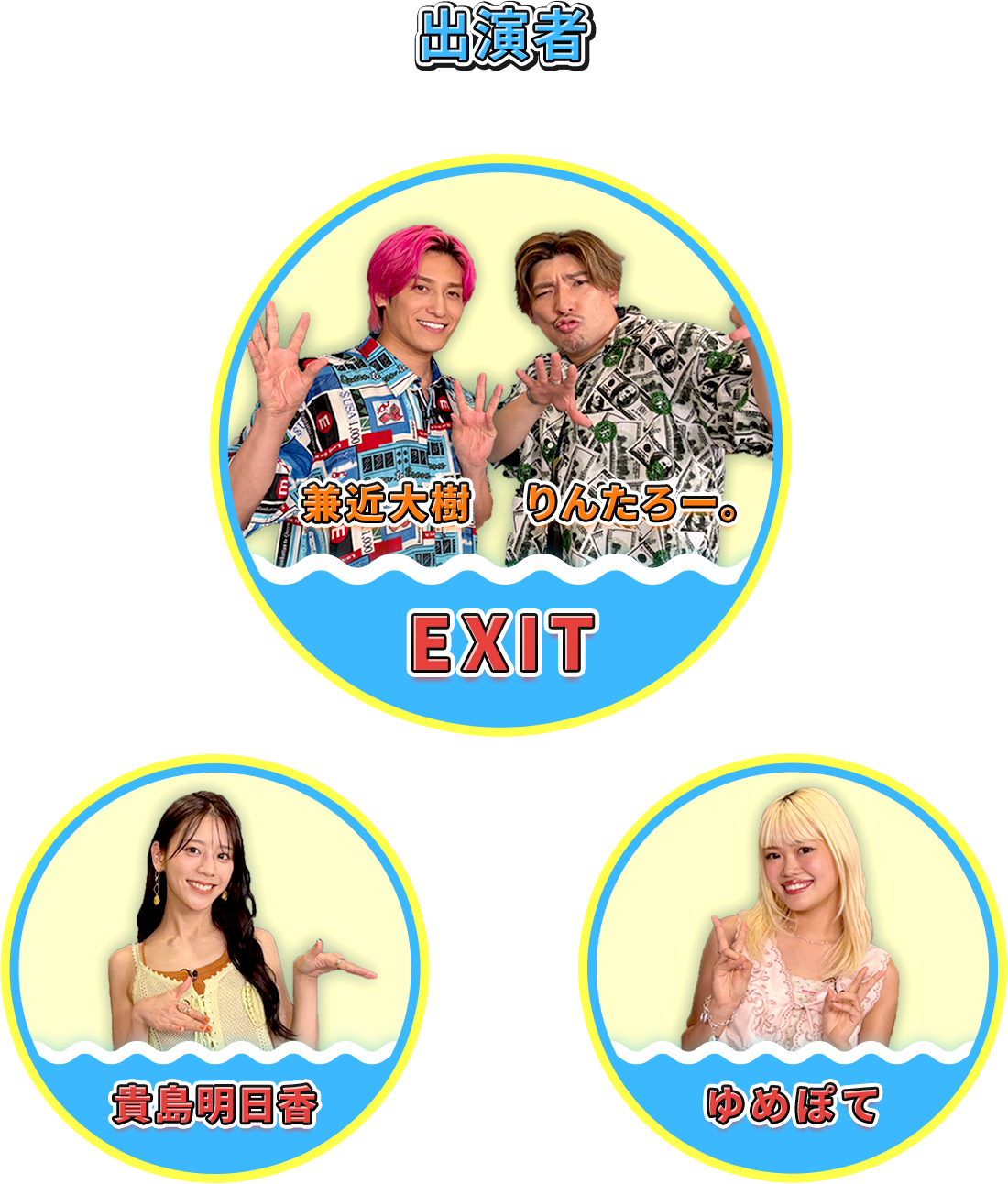 出演者 EXIT 兼近大樹 りんたろー。 貴島明日香 ゆめぽて
