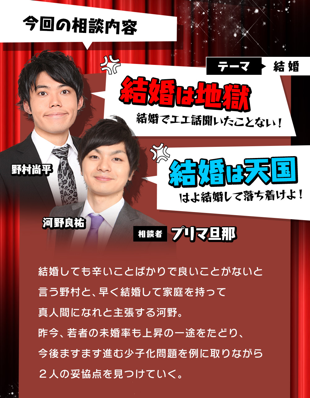 結婚しても辛いことばかりで良いことがないと言う野村と、早く結婚して家庭を持って真人間になれと主張する河野。昨今、若者の未婚率も上昇の一途をたどり、今後ますます進む少子化問題を例に取りながら2人の妥協点を見つけていく。
