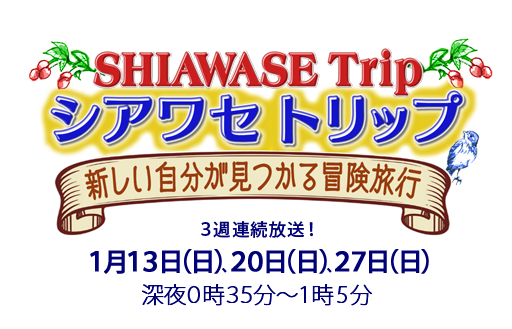 「シアワセトリップ～新しい自分が見つかる冒険旅行～」１月１３日（日）、２０日（日）、２７日（日）深夜０時３５分～１時５分。自分でアレンジして旅をする。そんなプチ冒険旅行を３週連続で放送！第１回と第２回は人気モデルの大政絢と佐藤栞里がハワイへ。旅のキーワードは“マストチェック”。旅のスペシャリストがオススメするスポットをリストアップした、間違いなしの最強ガイドシート。それが“マストチェックシート”です。絶品のハワイアングルメや気になるファッションスポットなど定番から穴場までをサポートします！さらには、ハワイならではのアクティビティーも見逃せない！今、絶対にハズせないハワイを2週連続で紹介します！そして第３回は、吉川ひなの、アイドリング!!!の菊地亜美、大川藍が東京＆東京ディズニーリゾートを紹介します！