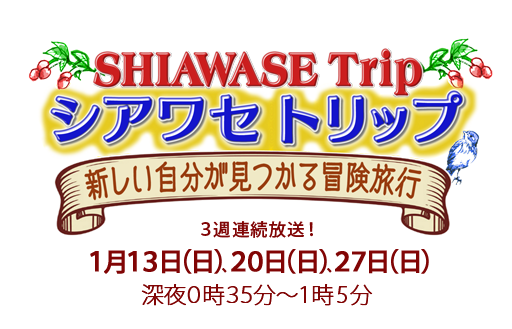 「シアワセトリップ～新しい自分が見つかる冒険旅行～」１月１３日（日）、２０日（日）、２７日（日）深夜０時３５分～１時５分。自分でアレンジして旅をする。そんなプチ冒険旅行を３週連続で放送！第１回と第２回は人気モデルの大政絢と佐藤栞里がハワイへ。旅のキーワードは“マストチェック”。旅のスペシャリストがオススメするスポットをリストアップした、間違いなしの最強ガイドシート。それが“マストチェックシート”です。絶品のハワイアングルメや気になるファッションスポットなど定番から穴場までをサポートします！さらには、ハワイならではのアクティビティーも見逃せない！今、絶対にハズせないハワイを2週連続で紹介します！そして第３回は、吉川ひなの、アイドリング!!!の菊地亜美、大川藍が東京＆東京ディズニーリゾートを紹介します！
