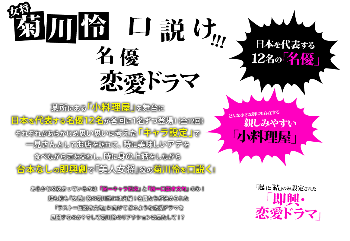 某所にある「小料理屋」を舞台に日本を代表する名優12名が各回に1名ずつ登場（全12回）！それぞれがあらかじめ思い思いに考えた「キャラ設定」で一見さんとしてお店を訪れて時に美味しいアテを食べながら酒を交わし、時に身の上話をしながら台本なしの即興劇で「美人女将」役の菊川怜を口説く！あらかじめ決まっているのは「起＝キャラ設定」と「結＝口説き文句」のみ！起も結も「女将」役の菊川怜には内緒！名優たちが決められた「ラスト＝口説き文句」に向けてどのような恋愛ドラマを展開するのか？そして菊川怜のリアクションは果たして！？
