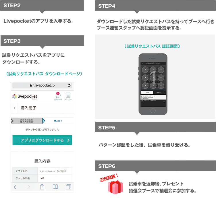 ダウンロードした試乗リクエストパスを持ってブースへ行きブース運営スタッフへ認証画面を提示する。