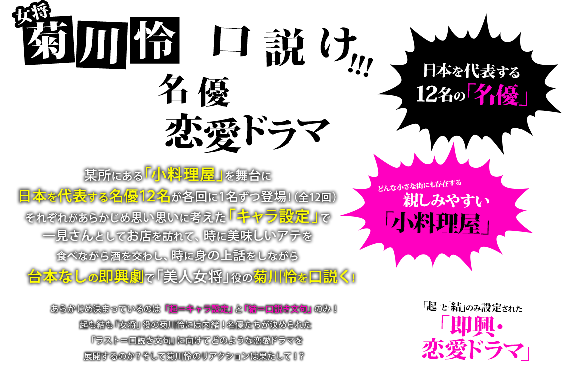 某所にある「小料理屋」を舞台に日本を代表する名優12名が各回に1名ずつ登場（全12回）！それぞれがあらかじめ思い思いに考えた「キャラ設定」で一見さんとしてお店を訪れて時に美味しいアテを食べながら酒を交わし、時に身の上話をしながら台本なしの即興劇で「美人女将」役の菊川怜を口説く！あらかじめ決まっているのは「起＝キャラ設定」と「結＝口説き文句」のみ！起も結も「女将」役の菊川怜には内緒！名優たちが決められた「ラスト＝口説き文句」に向けてどのような恋愛ドラマを展開するのか？そして菊川怜のリアクションは果たして！？